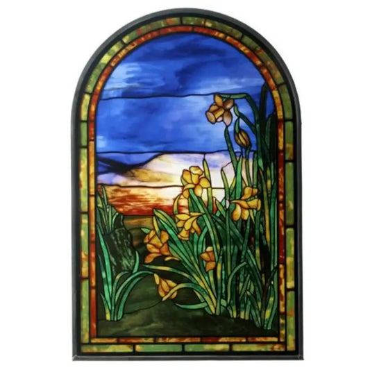 Tiffany Yellow Daffodils in Landscape Stained Glass 11.5H
