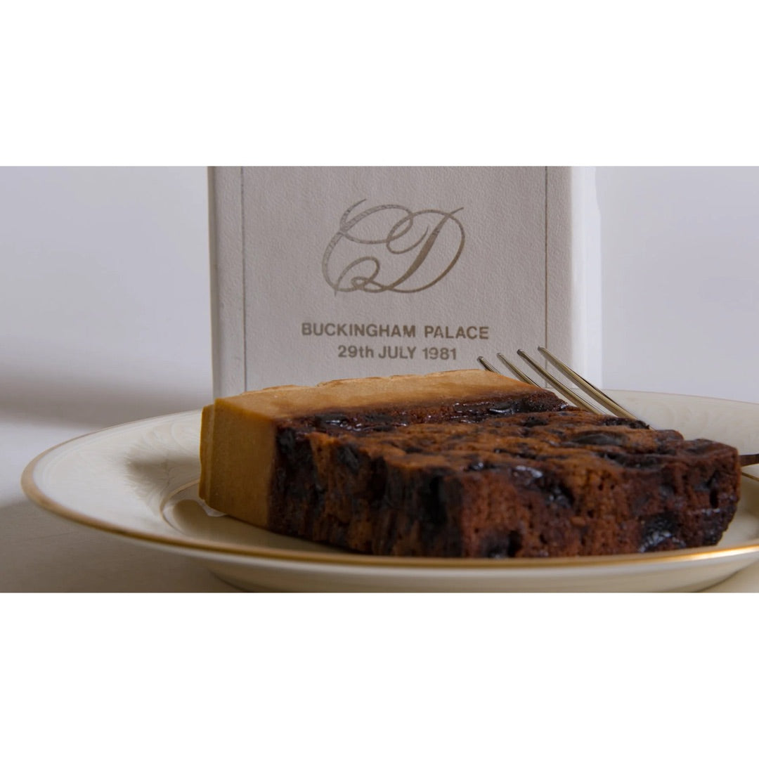 Close-up of authentic fruitcake fragment from the 1981 Charles and Diana royal wedding reception