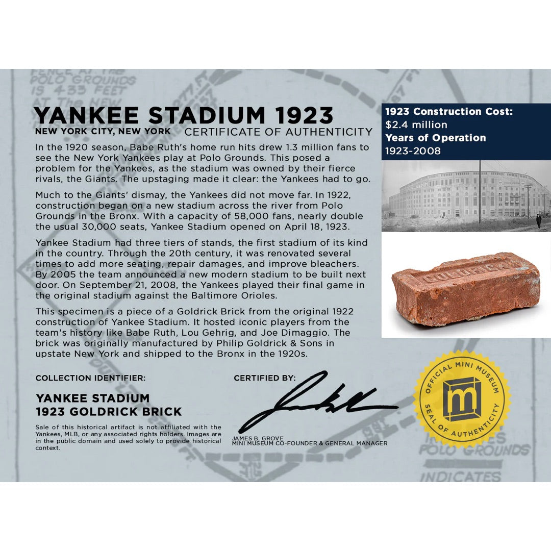 Yankee Stadium 1923 Brick Authentic Piece of Baseball History Collectible