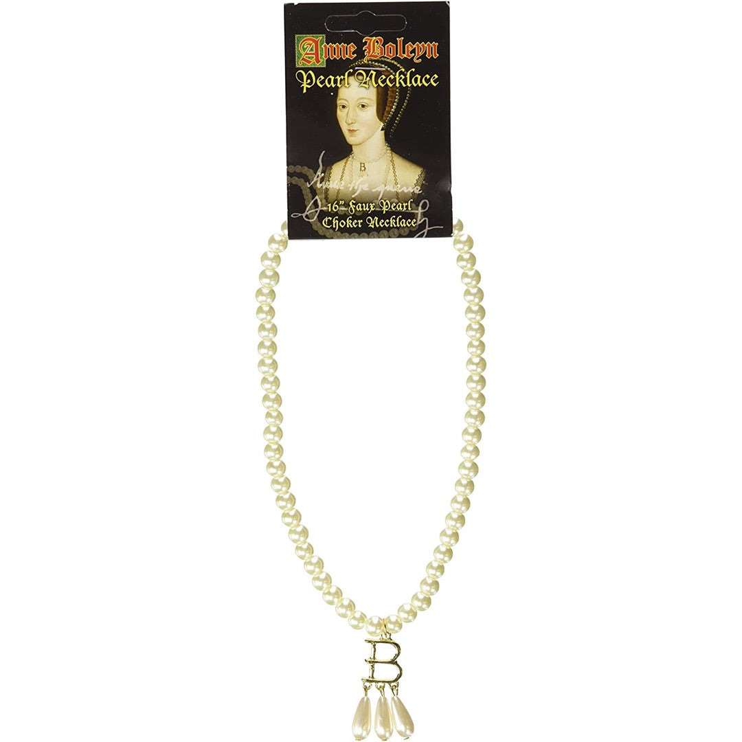 Anne Boleyn faux pearl necklace with gold “B” initial pendant and pearl drops, inspired by Tudor portraits.