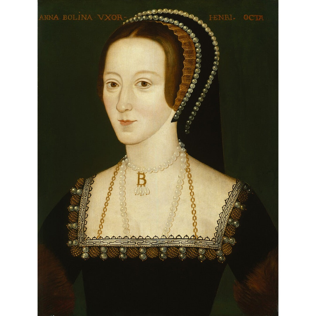 Portrait of a Anne Boleyn Tudor Henry VIII wearing a headdress and pearl necklace with a 'B' pendant.