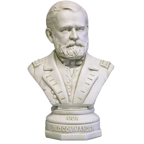 Large 18 inch Ulysses S. Grant portrait bust in antique grey finish with “Our Old Commander” inscription on the round base.
