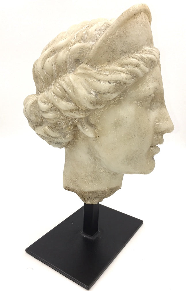 Aphrodite bust statue in bonded stone with aged marble finish on black display stand, 12 inches tall