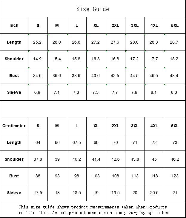 Size guide chart for clothing measurements in inches and centimeters.