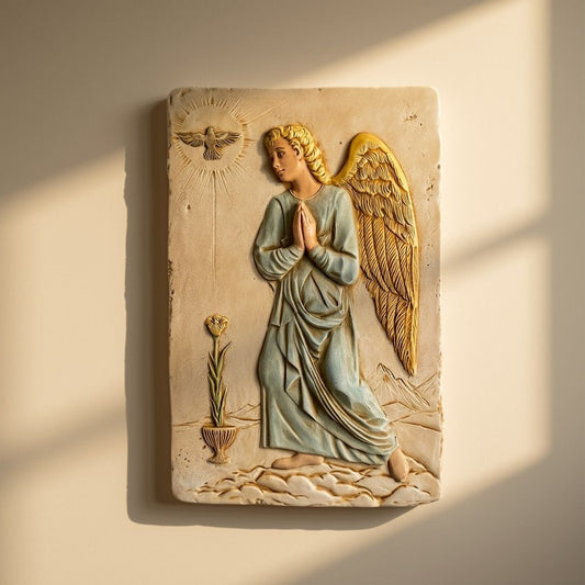 A rectangular stone or plaster wall plaque featuring a praying angel with gold wings, a dove, and a flower pot, shown against a plain white background.