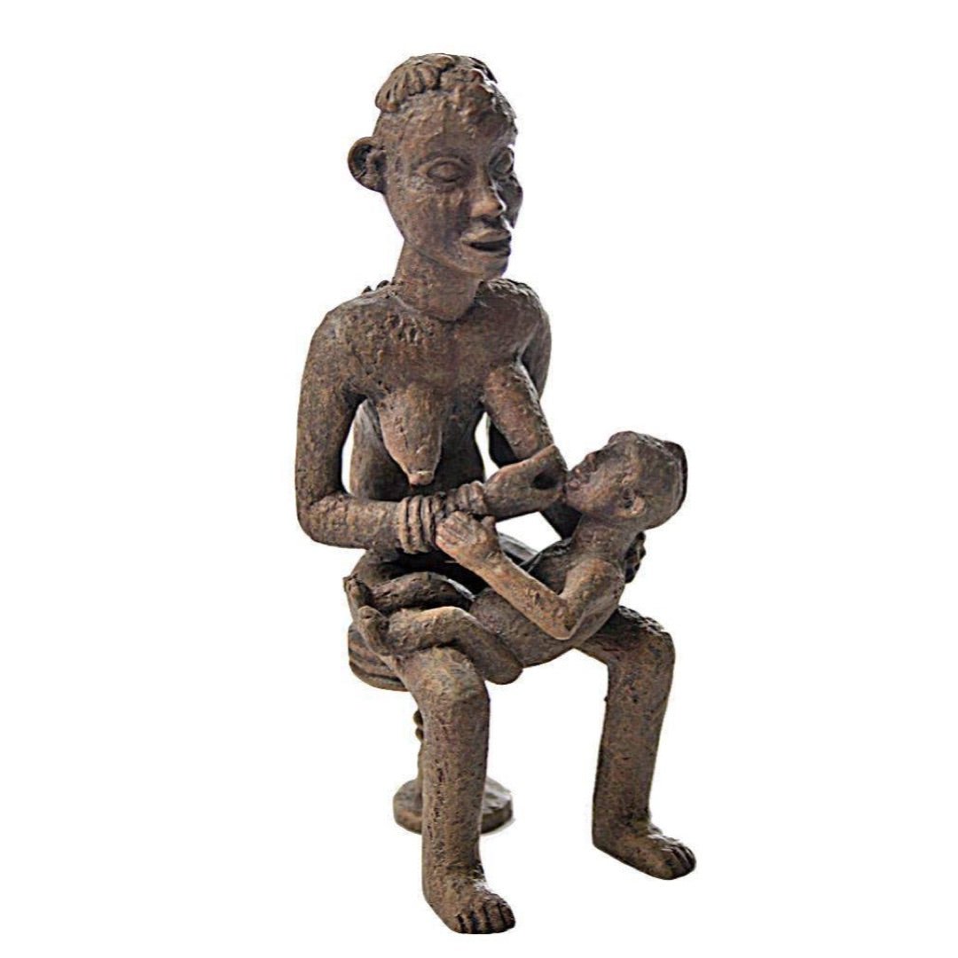 Back view of Bangwa Anyi figurine AFR01 showing carved panther-tooth necklace ridge across shoulders, decorated pedestal stool with ring detailing, Cameroon Grasslands replica
