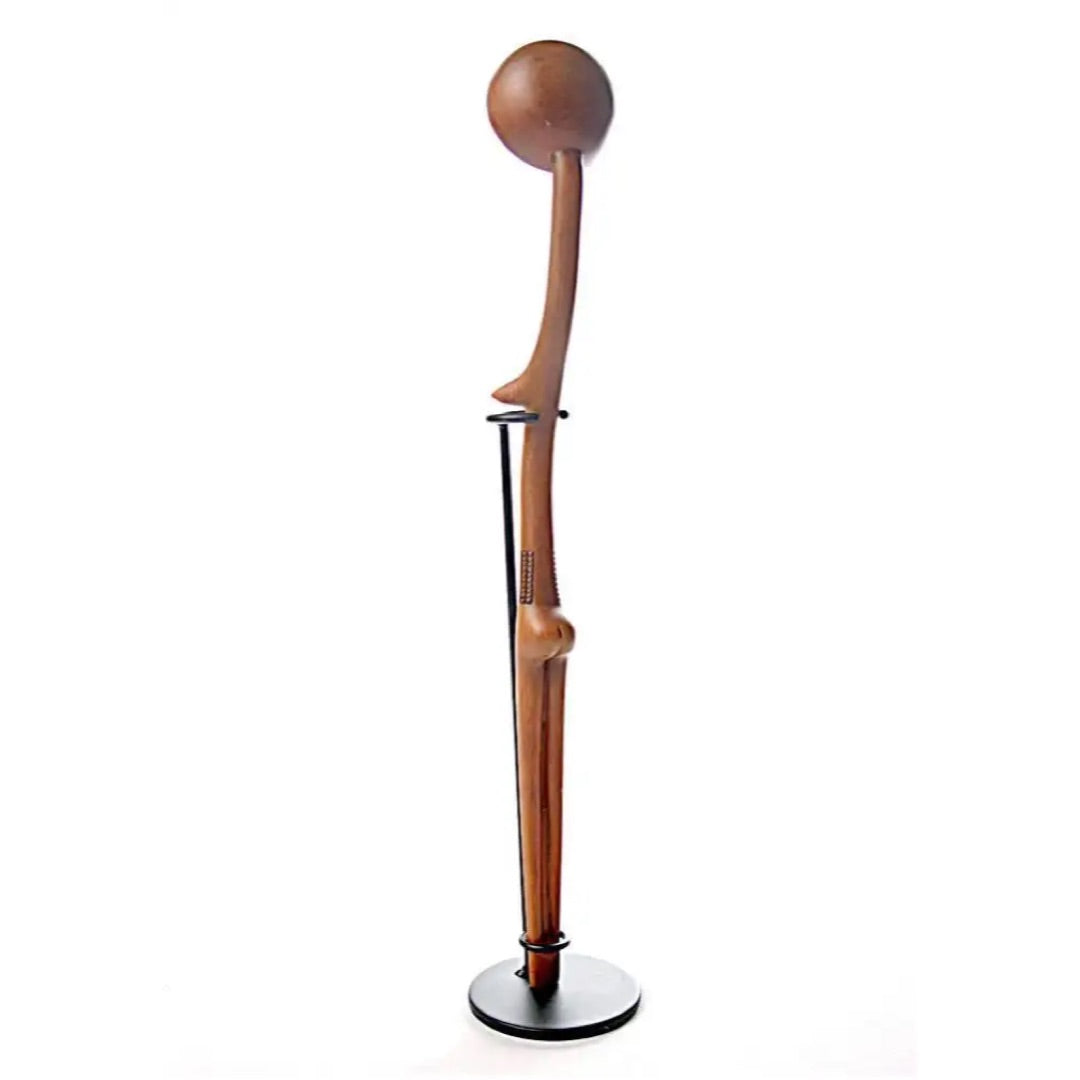 Three-quarter view of Zulu ceremonial spoon replica AFR02 on black metal stand, figurative handle with female form