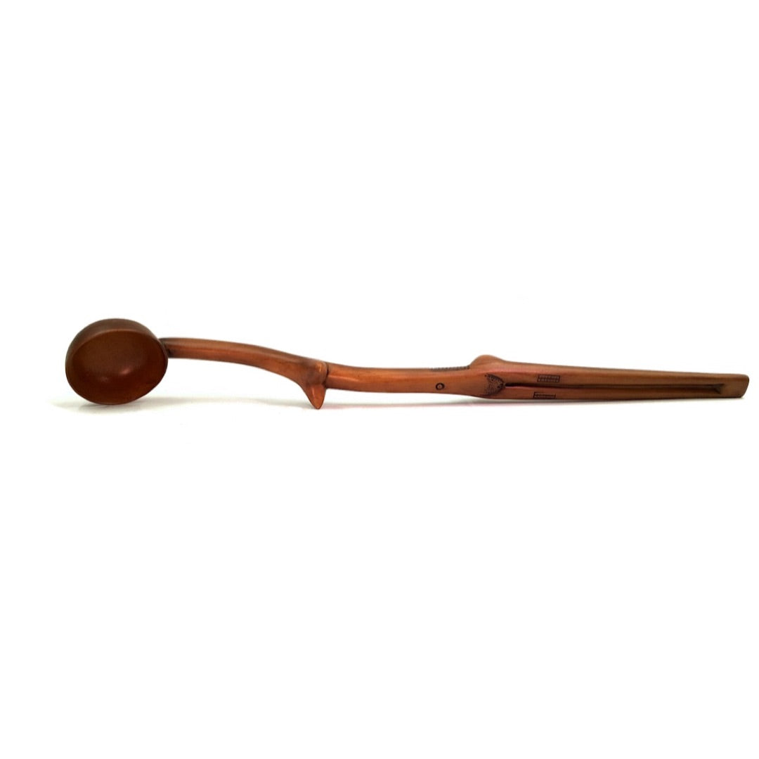 Zulu African ceremonial spoon AFR02 horizontal view showing round bowl, curved neck, and elongated female nude handle tapering to a point