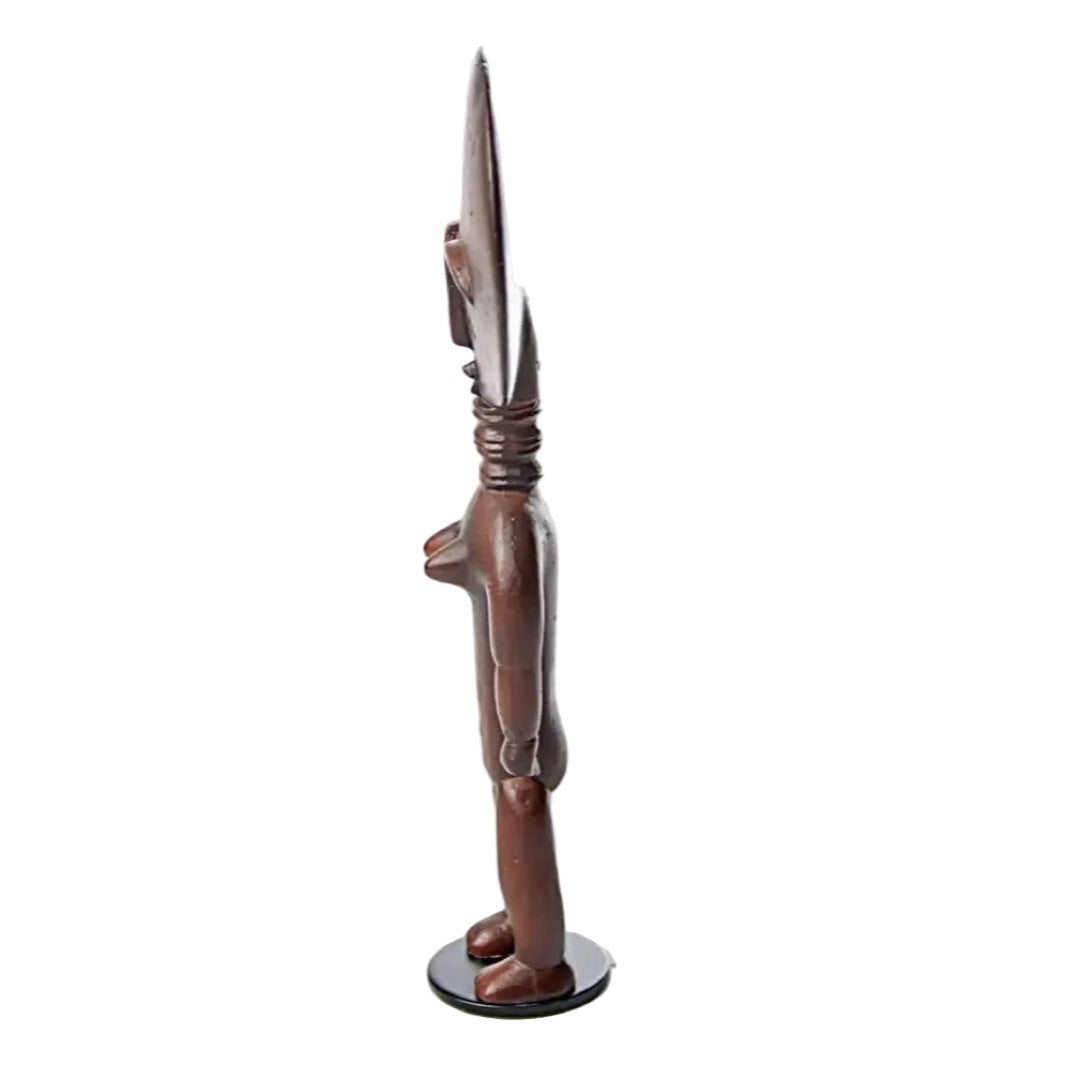 Side view Akua'ba fertility statue head, AFR03, flat circular disc form with smooth finish, Asante fertility figure replica from Ghana
