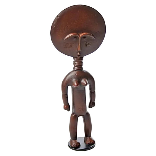 Asante Akua'ba fertility statue front view, resin with wood finish, black metal base, Parastone African Collection AFR03