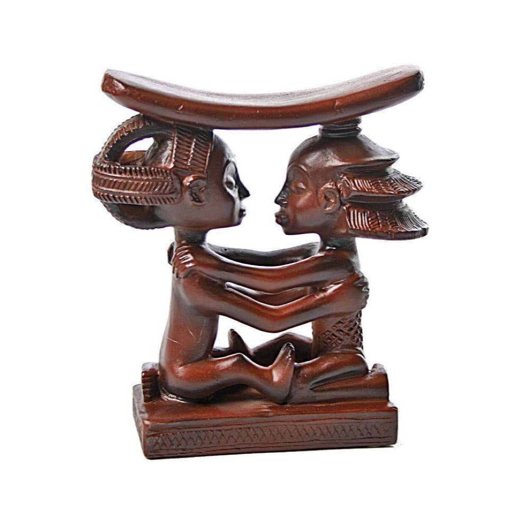 Detail of Luba Congo couple headrest AFR04, two seated figures with carved fan and basket hairstyles, Luba tradition, Parastone African Collection