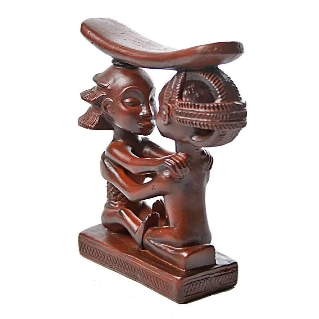 Luba African headrest replica front view, two figures in embrace supporting curved headrest, Parastone AFR04