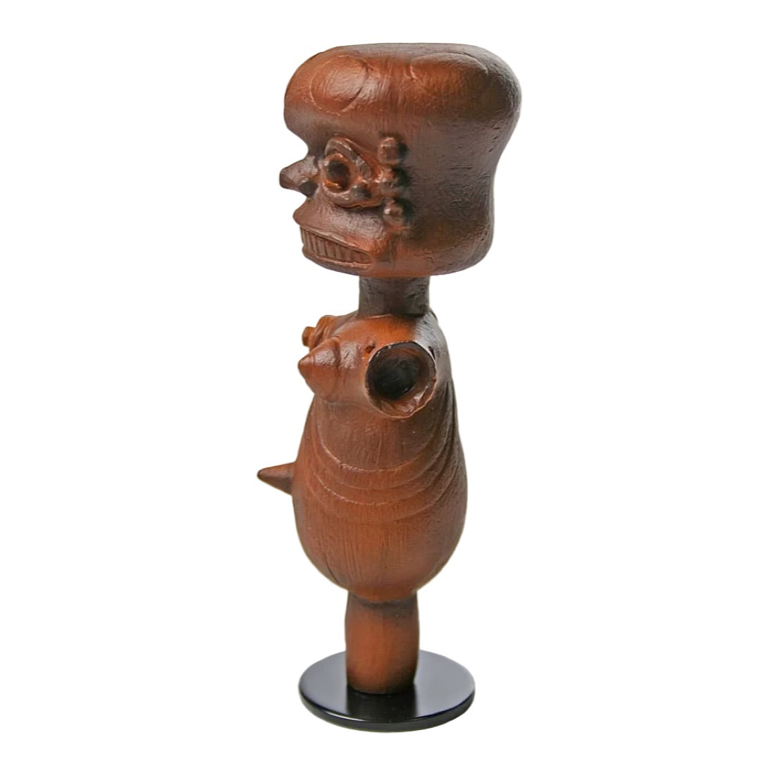 Side view Eket Ibibio marionette face, AFR05, expressive rounded forms with prominent eyes and long row of teeth, African ritual figure replica