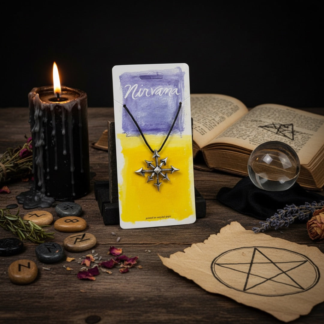 chaos star pendant showing the eight arrows around occult items on table