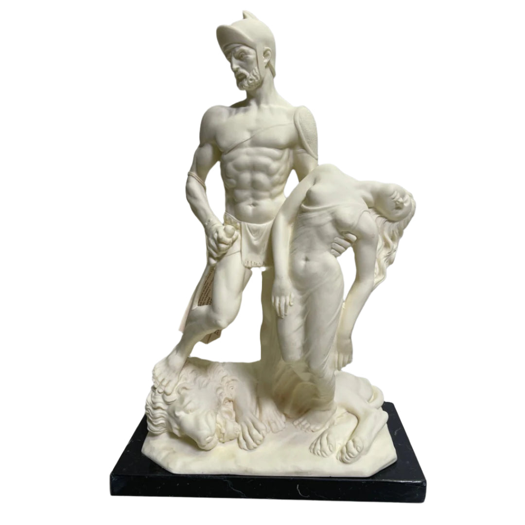Statue – Warrior Holding Woman with Lion 16 in H Santini Bonded Marble Italy Attic No Returns - Museumize.com