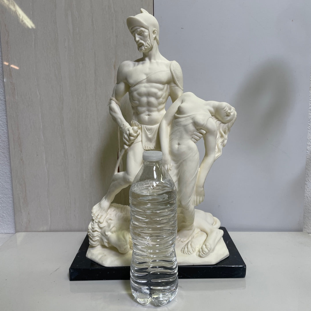Statue – Warrior Holding Woman with Lion 16 in H Santini Bonded Marble Italy Attic No Returns - Museumize.com