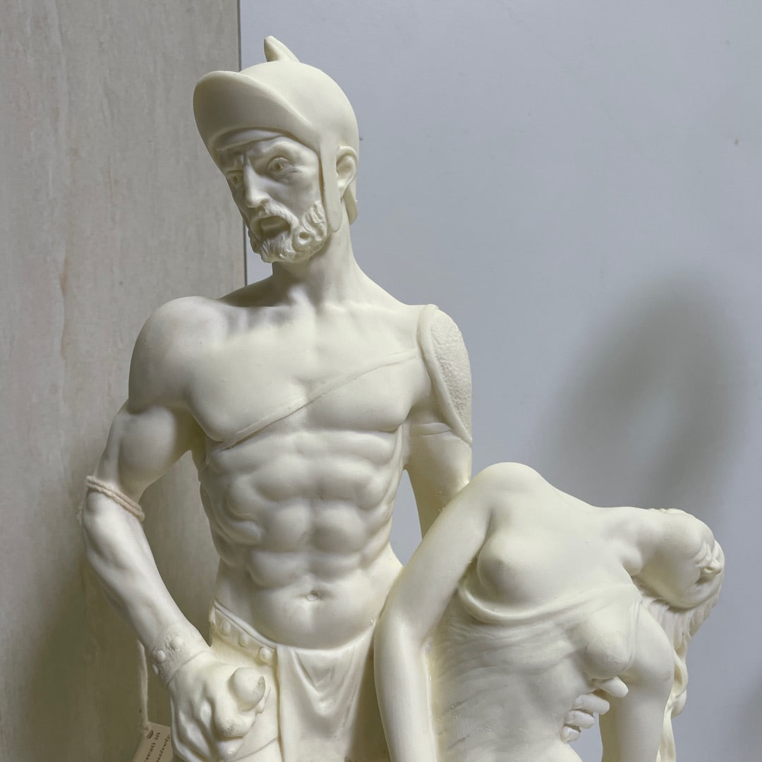 Statue – Warrior Holding Woman with Lion 16 in H Santini Bonded Marble Italy Attic No Returns - Museumize.com