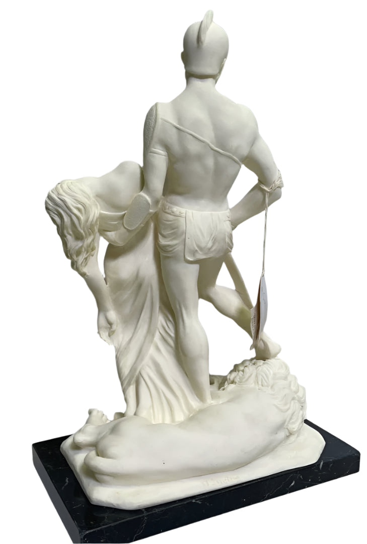 Statue – Warrior Holding Woman with Lion 16 in H Santini Bonded Marble Italy Attic No Returns - Museumize.com