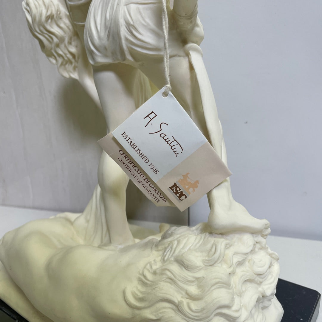 Statue – Warrior Holding Woman with Lion 16 in H Santini Bonded Marble Italy Attic No Returns - Museumize.com