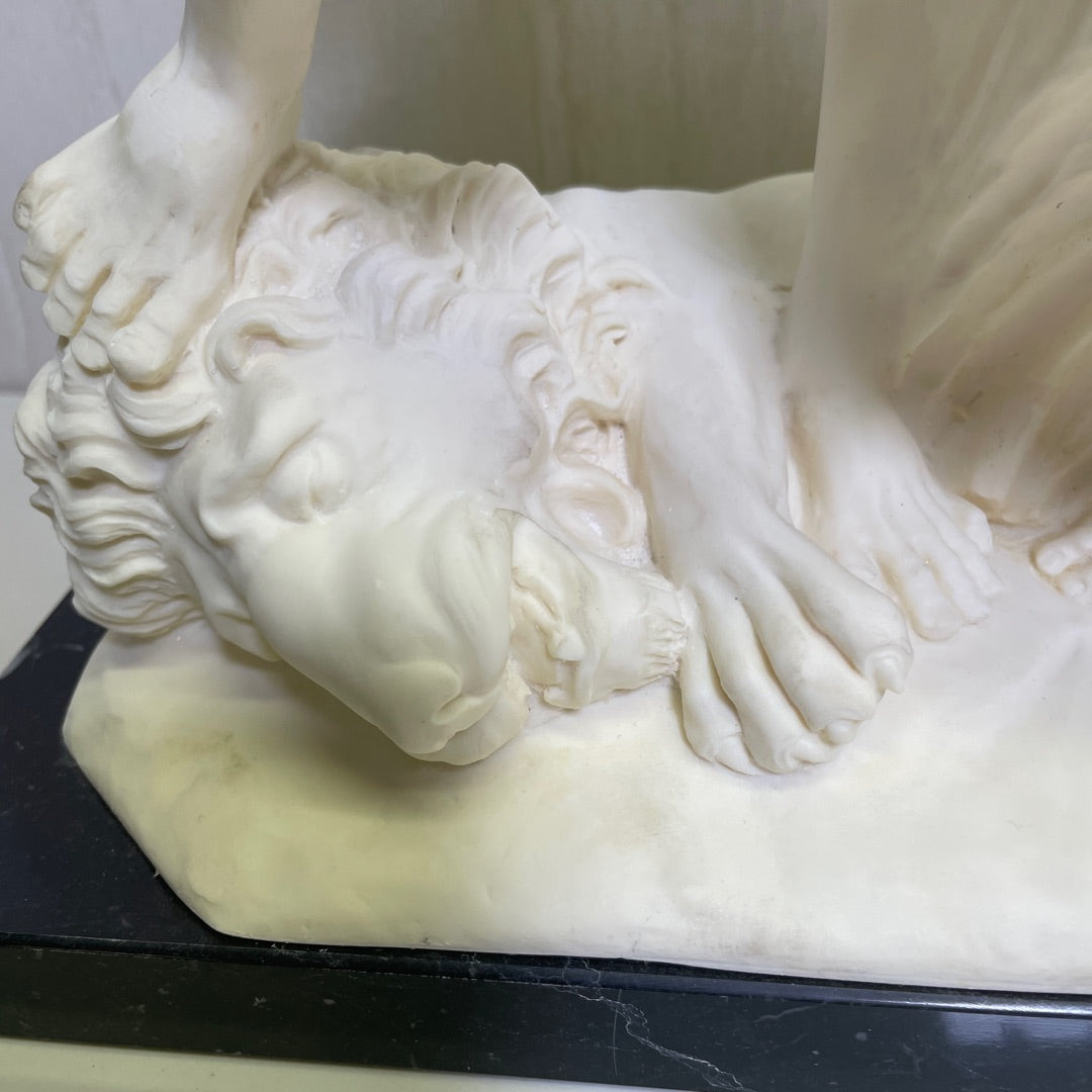 Statue – Warrior Holding Woman with Lion 16 in H Santini Bonded Marble Italy Attic No Returns - Museumize.com