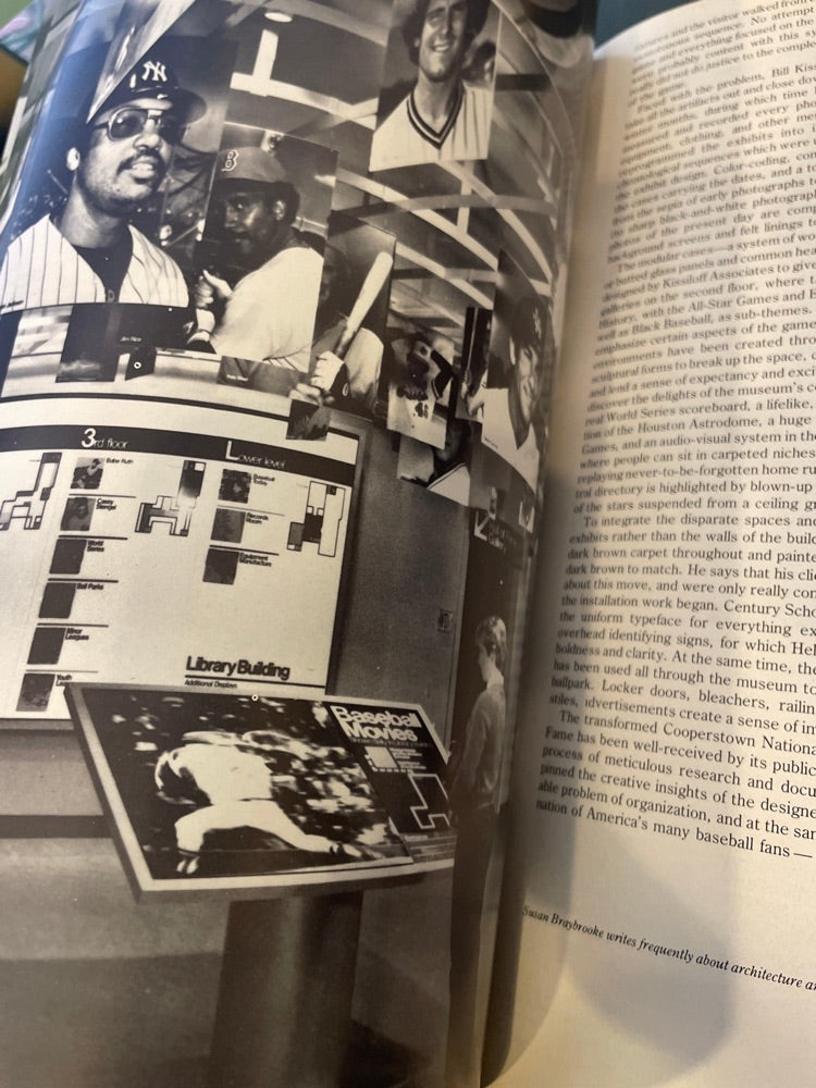 Collage of black and white images of a man in a Yankees cap on a book page.