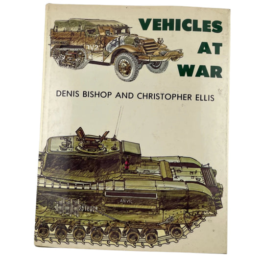 Book cover of 'Vehicles at War' with illustrations of military vehicles on a beige background.