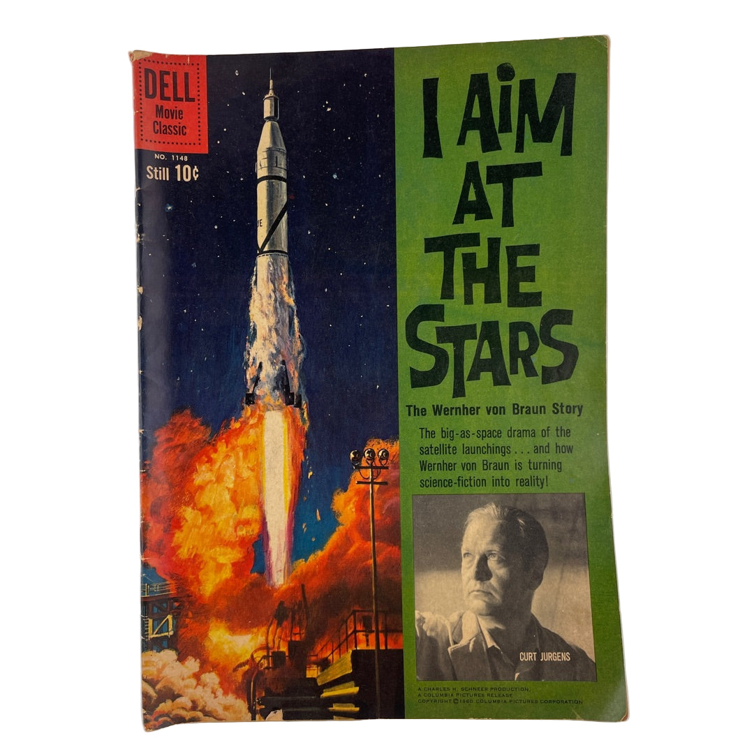 Vintage book cover with a rocket launch and text about Wernher von Braun.
