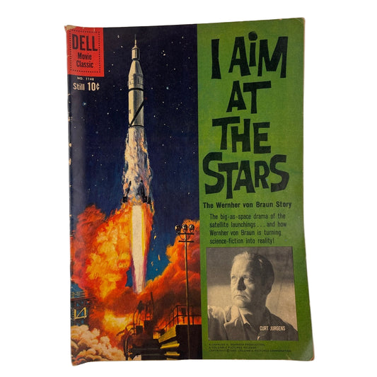 Vintage book cover with a rocket launch and text about Wernher von Braun.