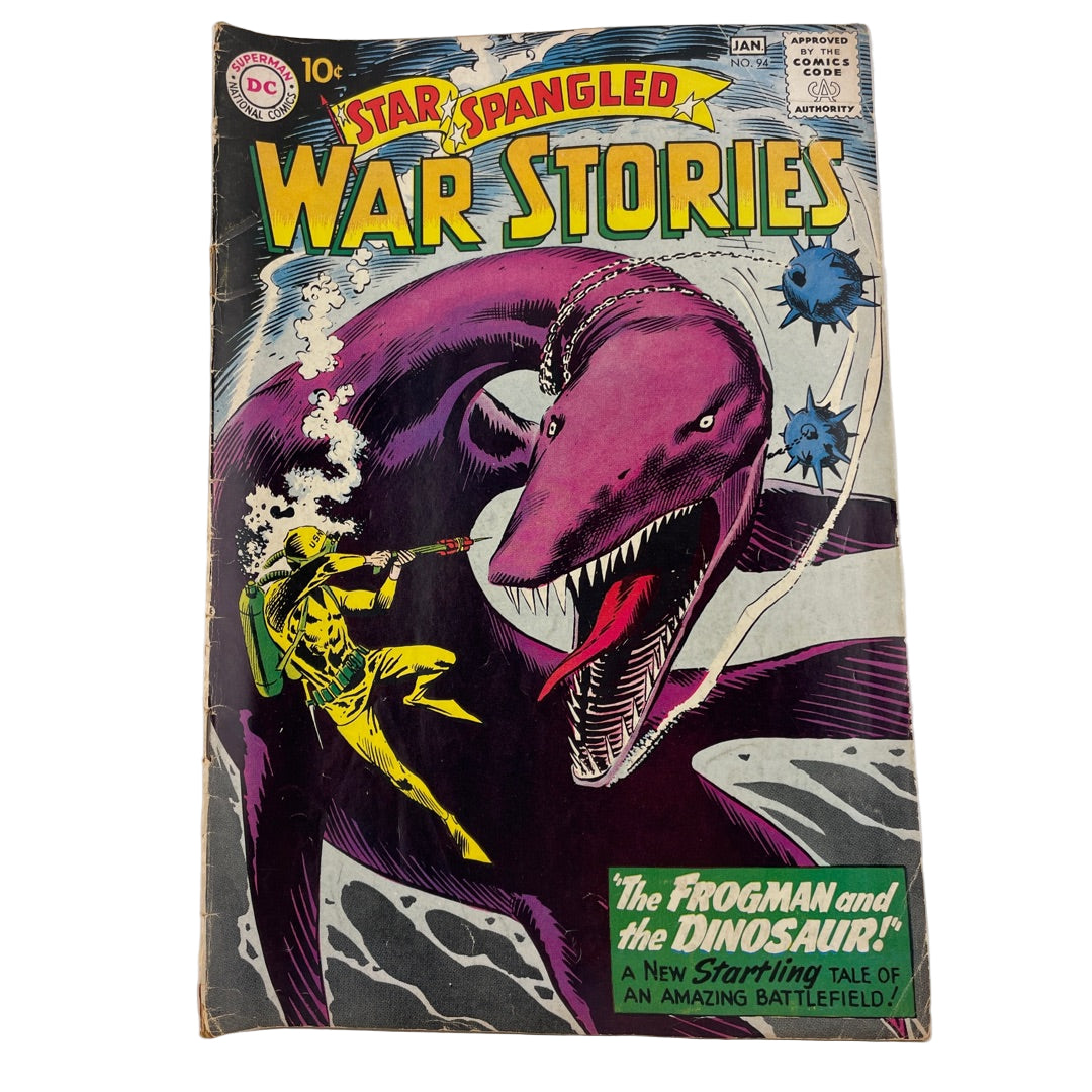 Comic book cover titled 'Star Spangled War Stories' featuring a purple dinosaur and a frogman.