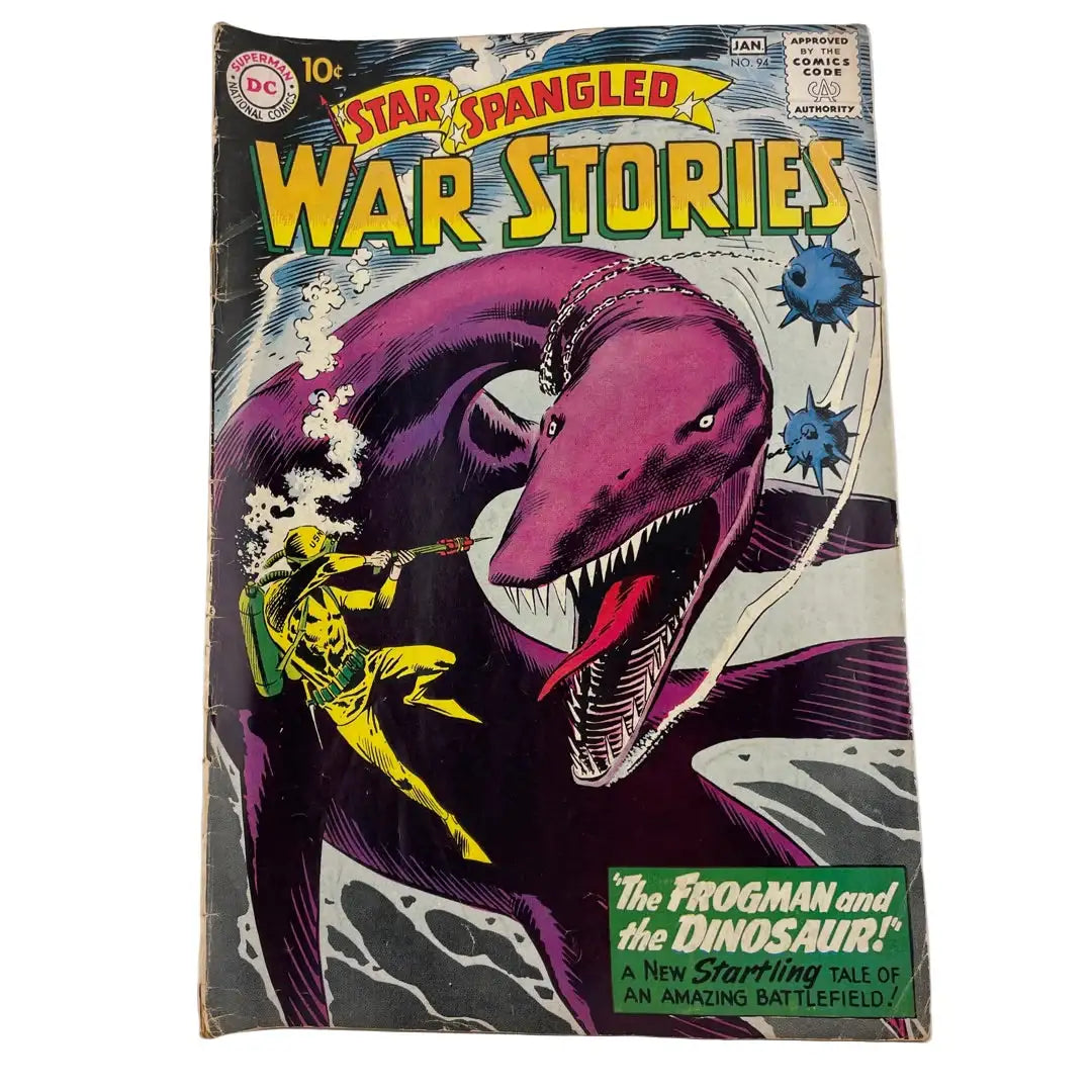Comic book cover titled 'Star Spangled War Stories' featuring a purple dinosaur and a frogman.