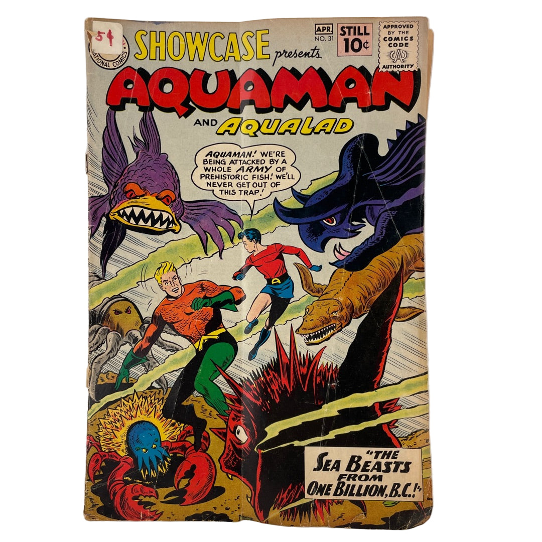 Vintage comic book cover featuring Aquaman and Aqualad with a white background