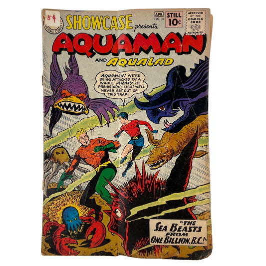 Vintage comic book cover featuring Aquaman and Aqualad with a white background
