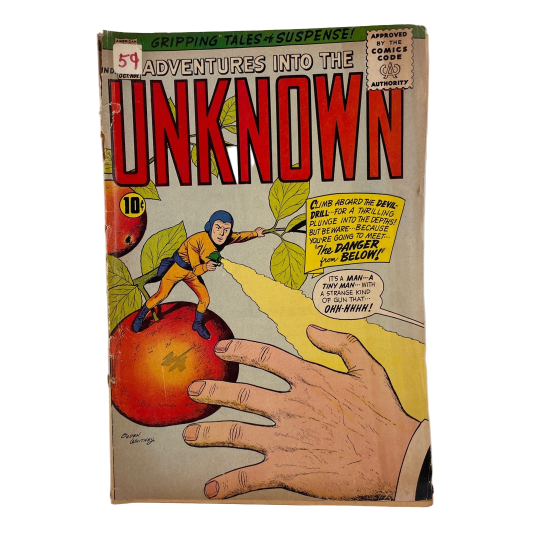 Vintage comic book cover titled 'Adventures into the Unknown' with a hand and character illustration.