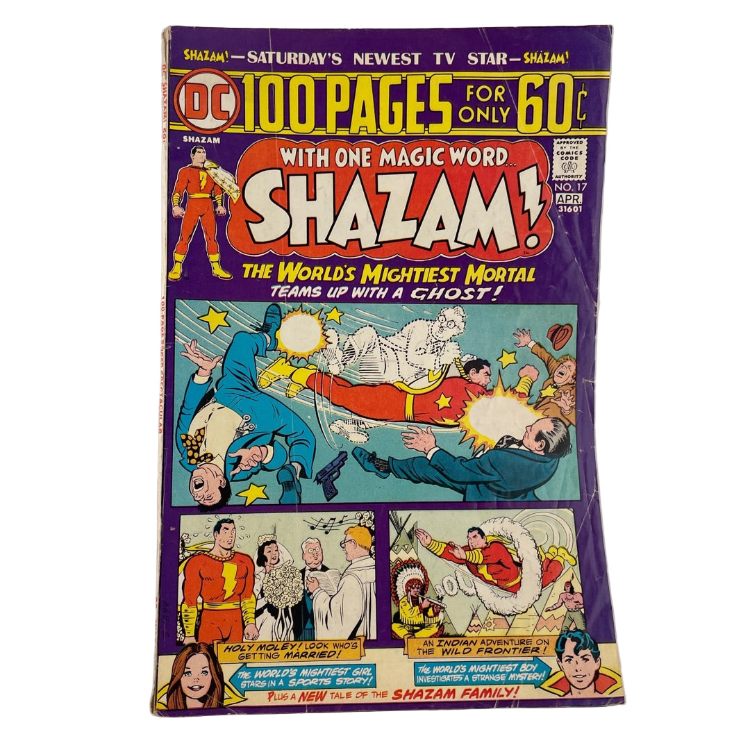 Vintage comic book cover featuring Shazam with superhero graphics and text.