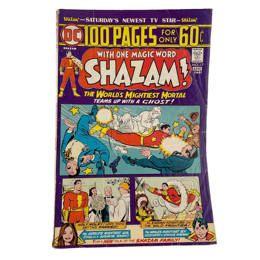 Vintage comic book cover featuring Shazam with superhero graphics and text.