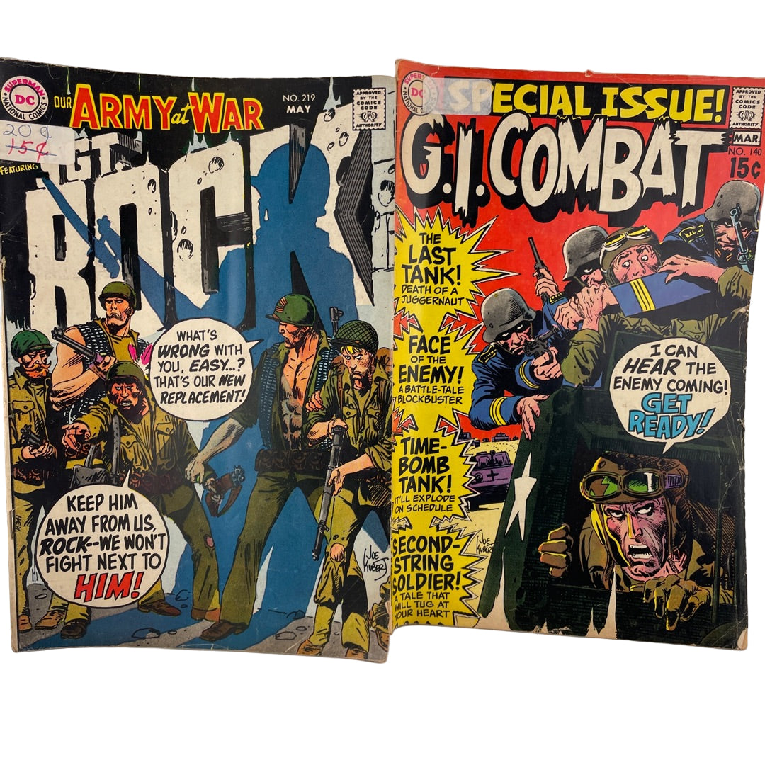Two vintage comic books, 'Our Army at War: Sgt Rock' and 'G.I. Combat', on a white background from 1970