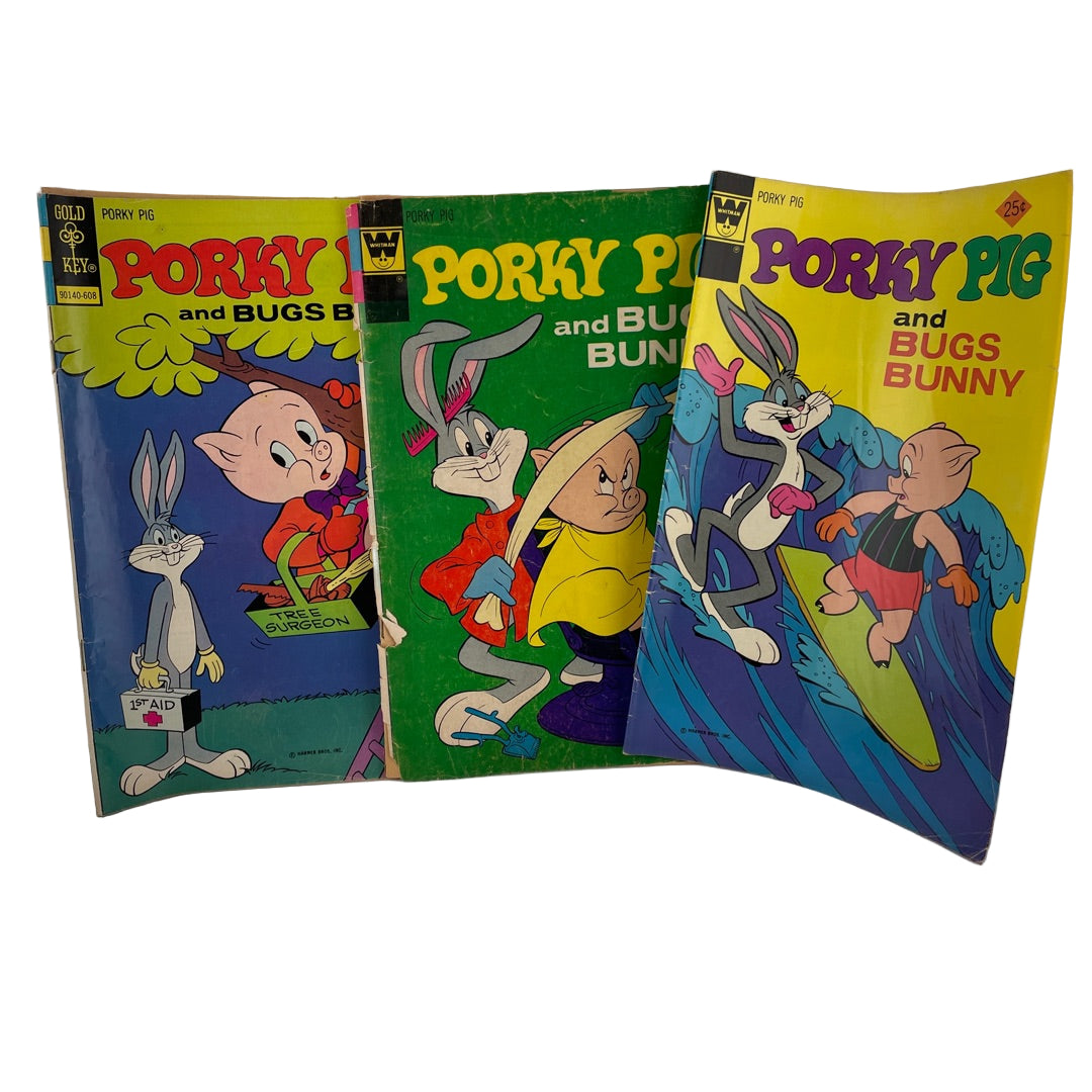 Three vintage comic books featuring Porky Pig and Bugs Bunny. Set of 3 1970s comic books.