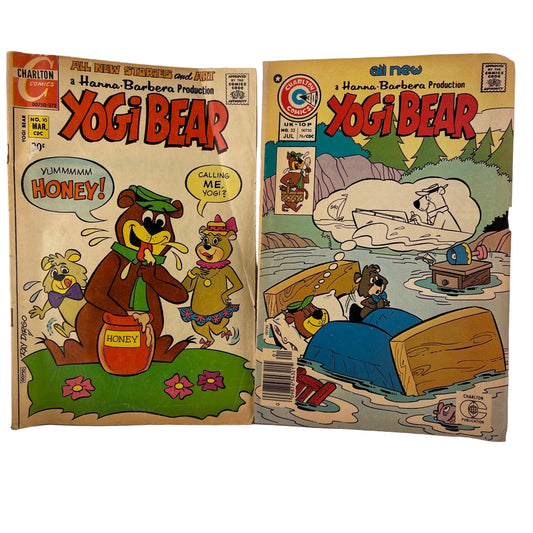 Two vintage Yogi Bear comic books by Hanna-Barbera on a white background