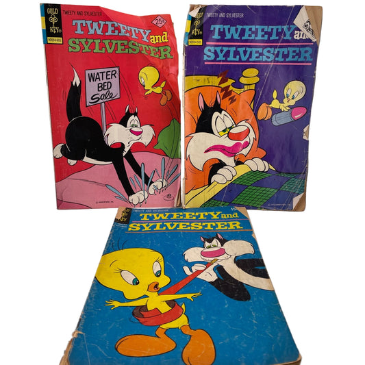 Three vintage comic books featuring Tweety and Sylvester from 1970s