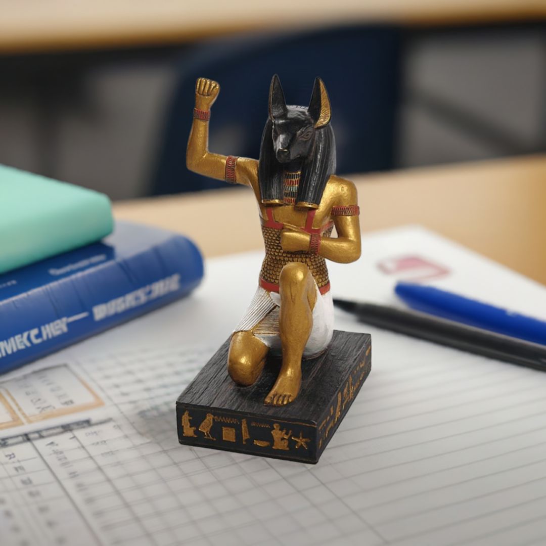 Statue of a Egyptian deity Anubis lord of the Underwold on a desk with stationery items
