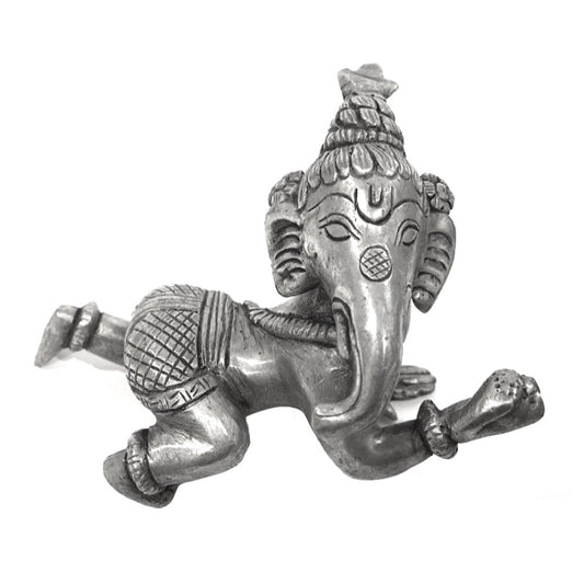 Baby Ganesh statue crawling, front view, antique silver-gray pewter