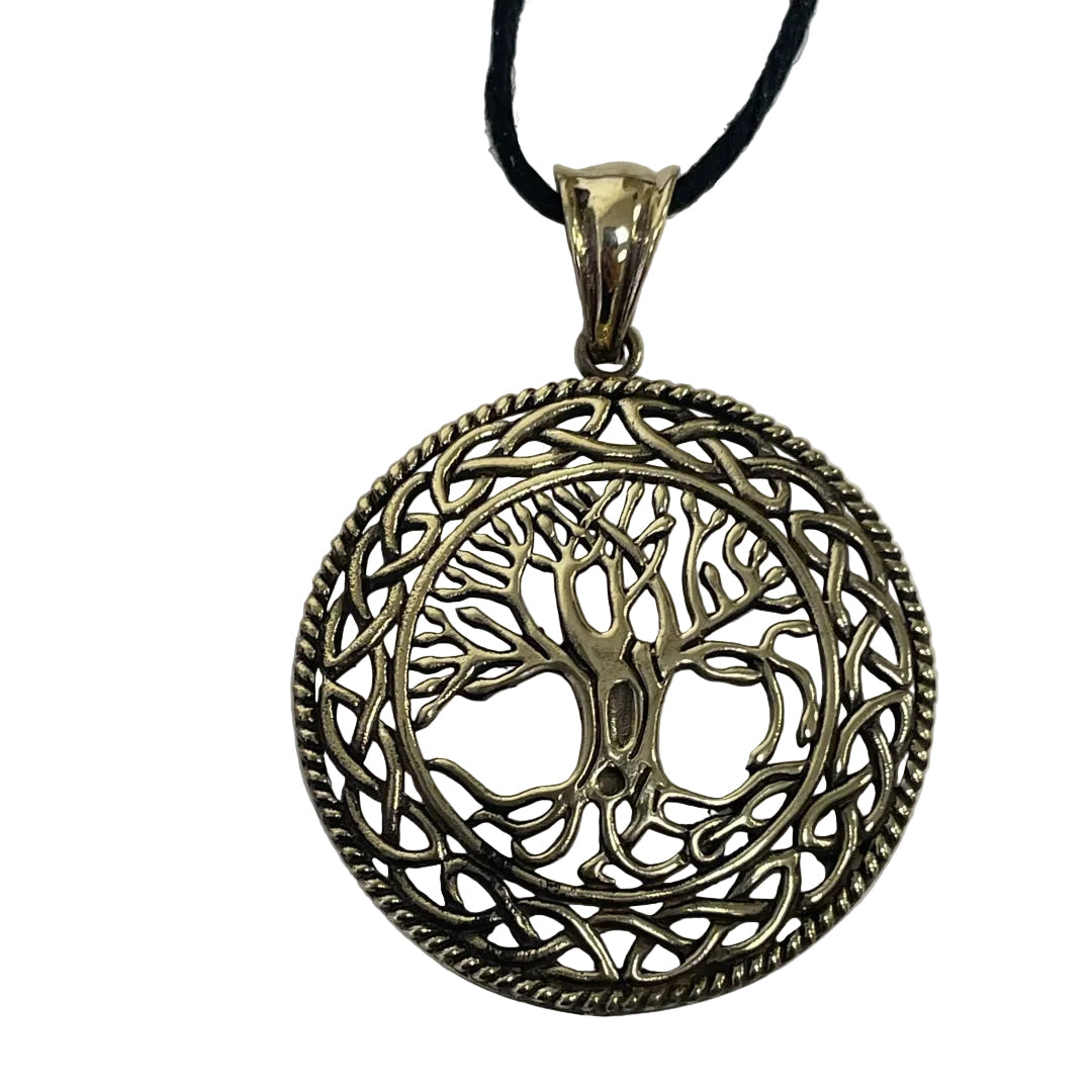 A circular tree of life pendant necklace with an intricate Celtic knot design and a black cord, shown against a plain light gray background.