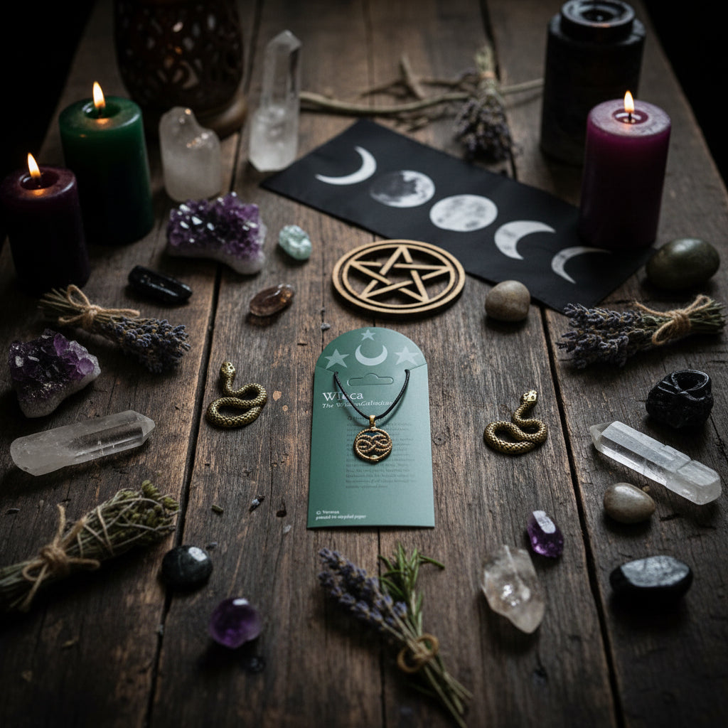 Round cutout ouroboros pendant showing snake heads at top and bottom near wiccan items
