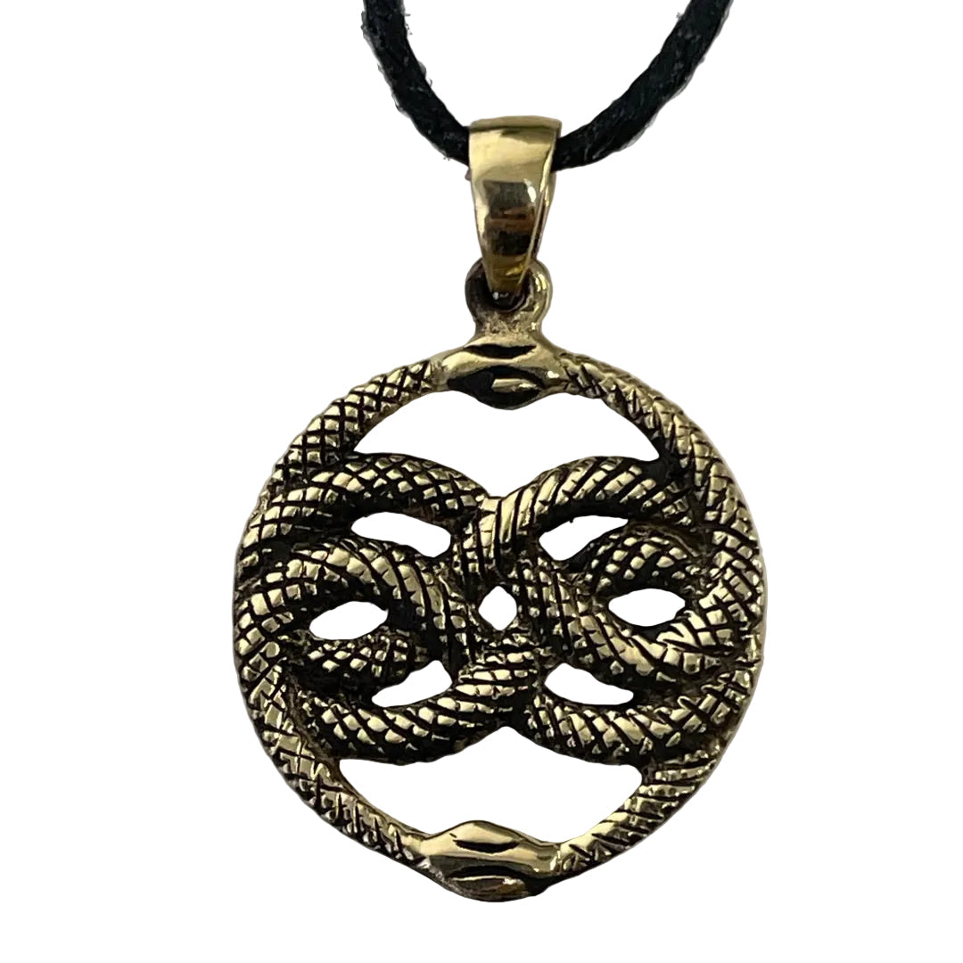 Bronze ouroboros necklace with two snakes woven into an infinity pattern