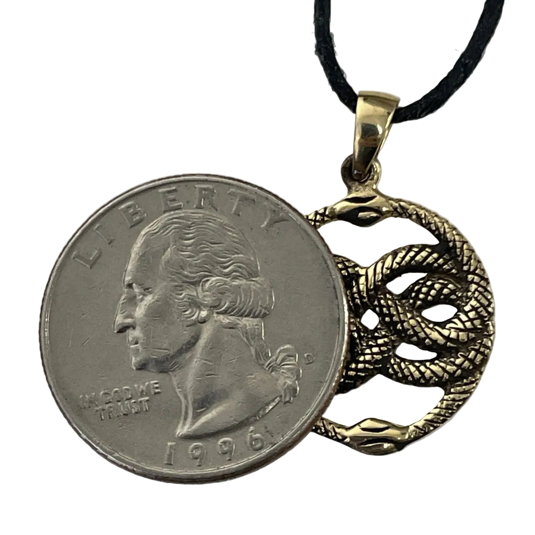 Ouroboros necklace on black cord with bronze bail