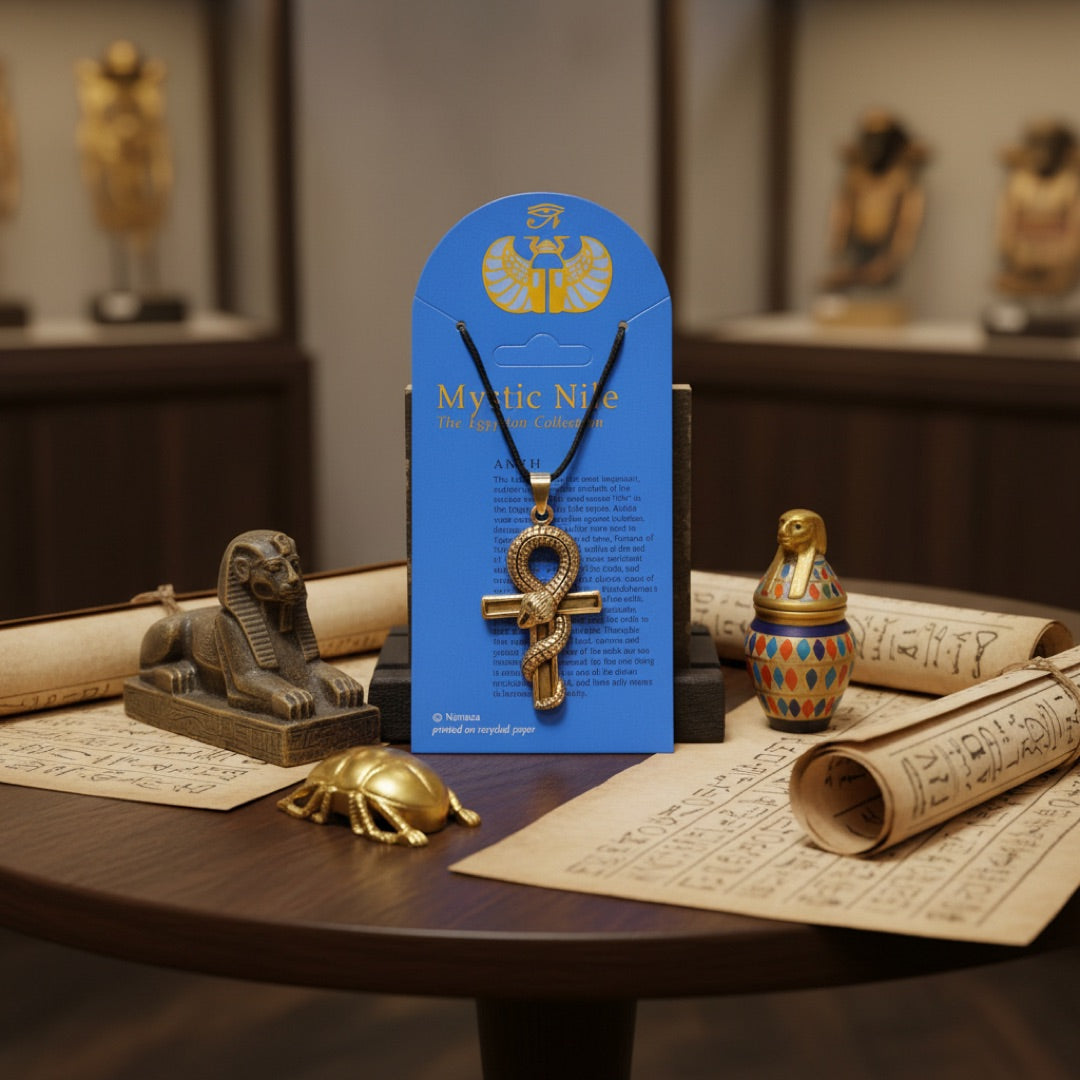 Bronze Egyptian Ankh on table with Egyptian artifacts