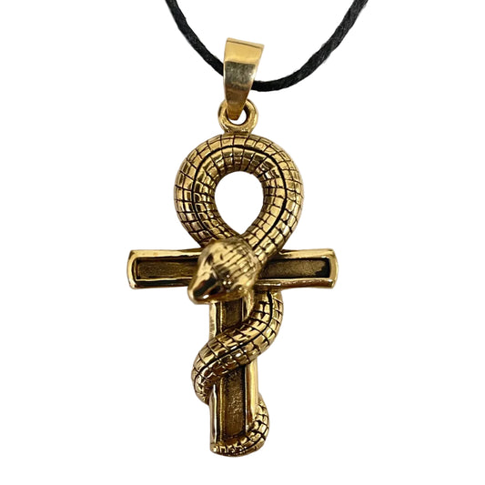 Ankh with snake necklace BZP-886, bronze Egyptian key of life wrapped by a serpent on a 33 in cord