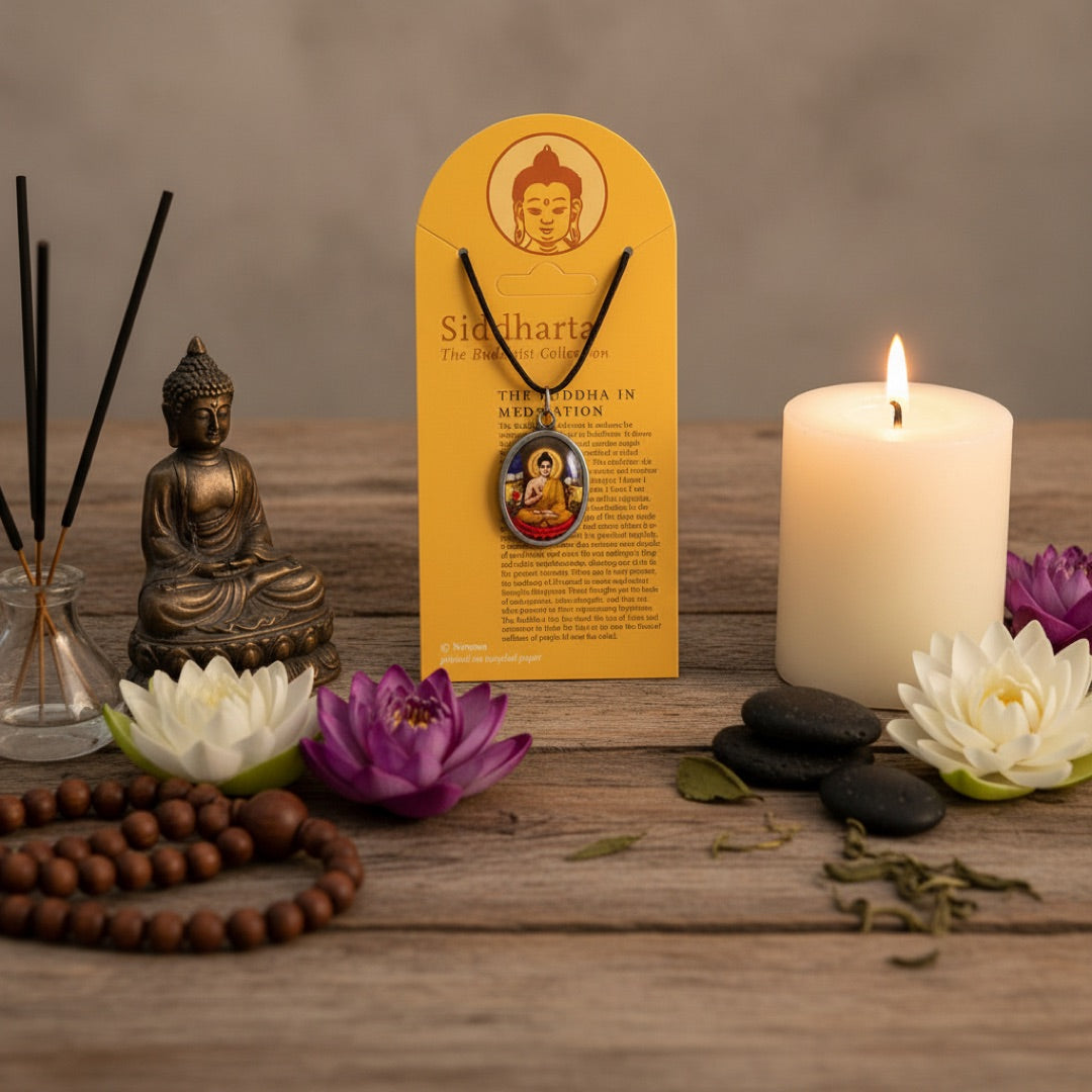 A Siddhartha Meditation pendant necklace displayed on its yellow backing card. The oval pendant features a colorful illustration of Buddha in a meditative pose, suspended from a black cord.