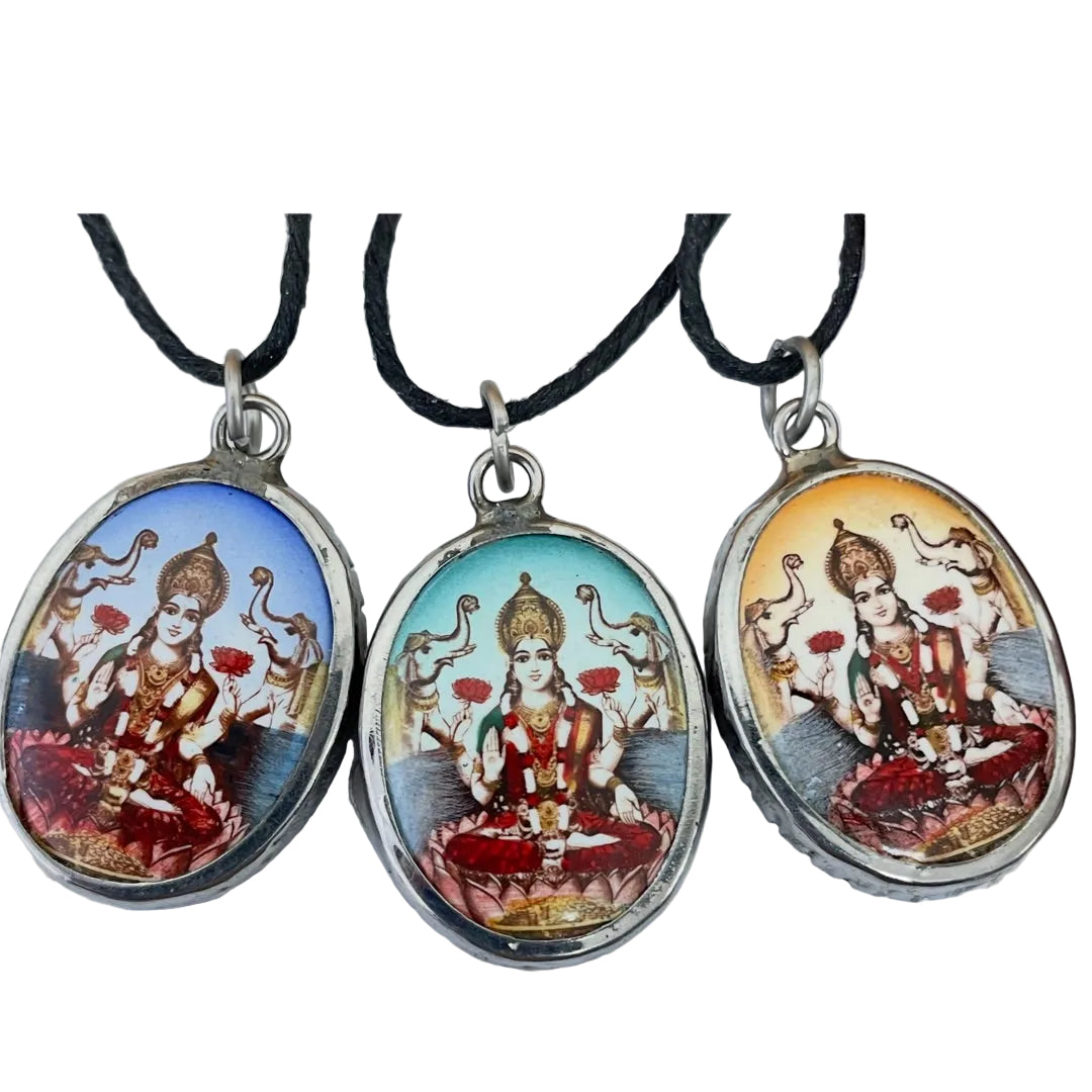 Lakshmi necklace CERA-508, color ceramic image of the Hindu goddess of wealth in a pewter frame on a 33 in cord