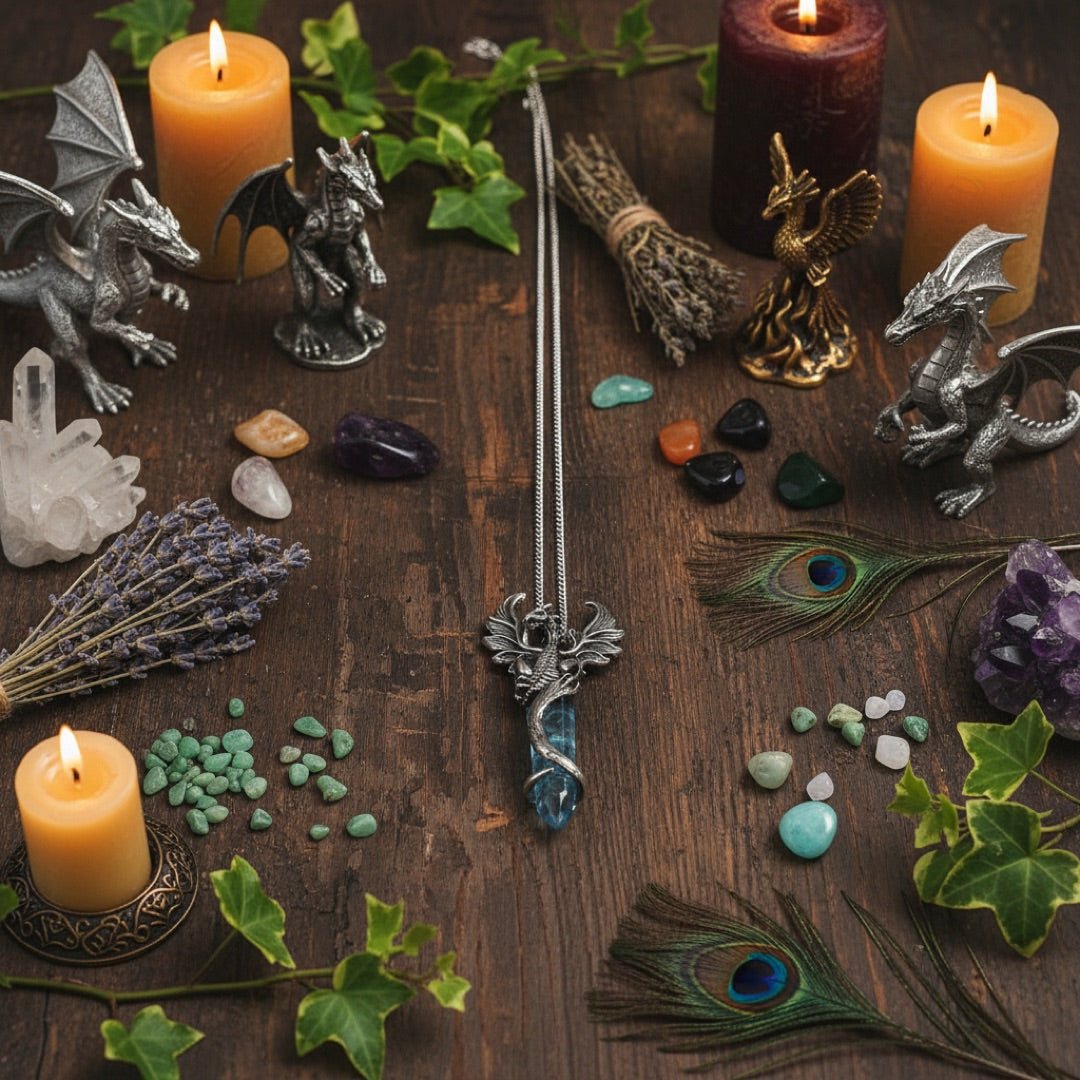 A silver-toned dragon pendant with spread wings wrapping around a pointed light blue crystal, hanging from a silver chain against a plain light background.